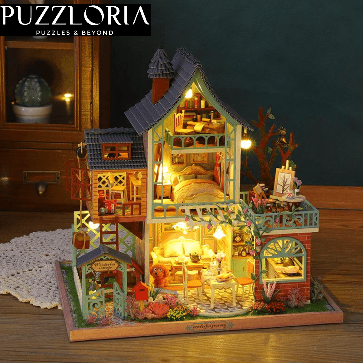 Multi-story tropical resort miniature house lit by LED lights, with furnished rooms and a lush flower garden for adults to build