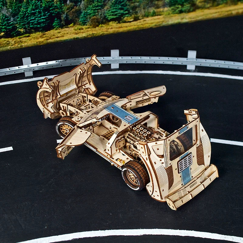 Glue free wooden endurance racer held together by an interlocking plywood system, a no glue 970 piece kit for model builders