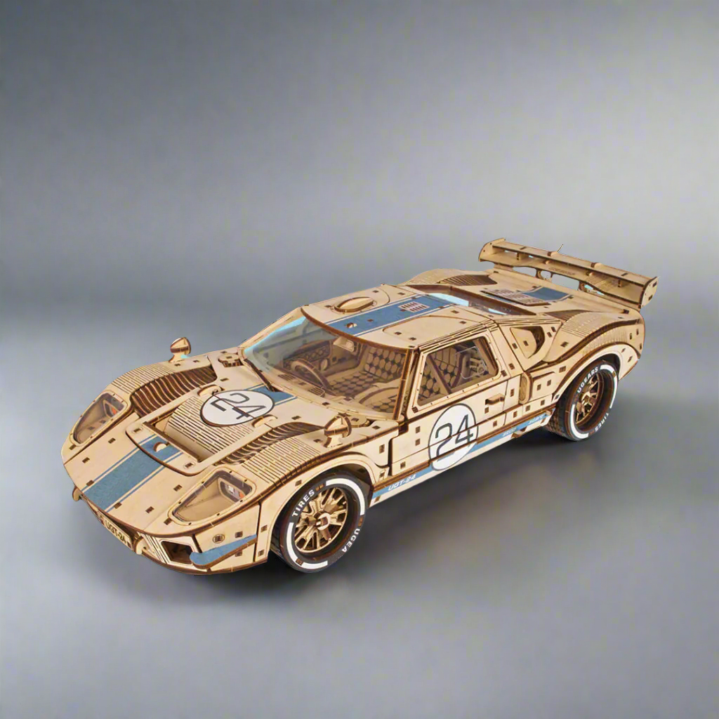 UGT-24 racer spec view highlighting 970 glue free plywood pieces and interlocking build, a wooden 3D puzzle for adult builders
