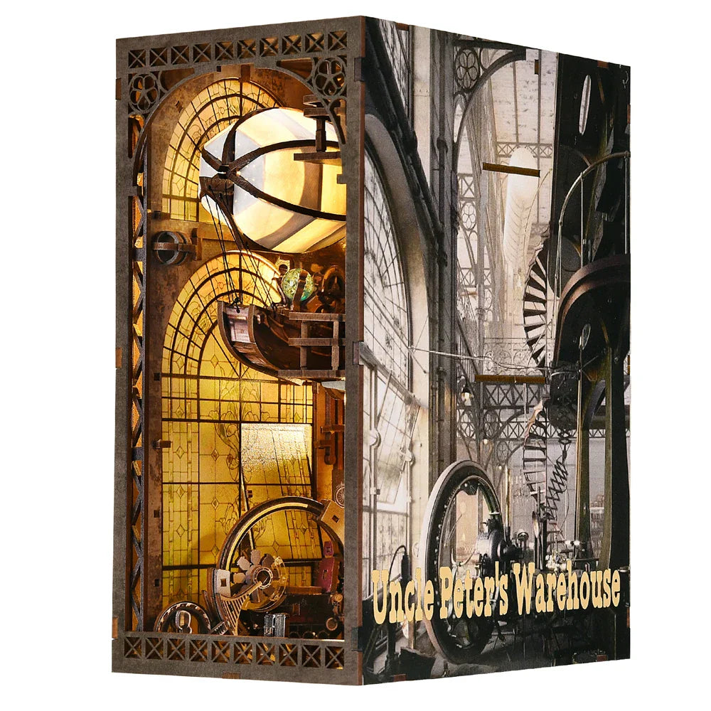 Uncle Peter's steampunk warehouse DIY book nook kit building a lit miniature bookshelf insert for adults