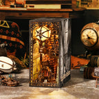 Steampunk airship workshop book nook with warm LED lighting and gears as a miniature bookshelf diorama