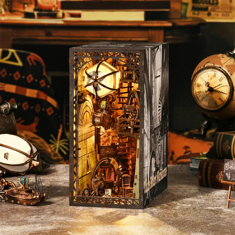 Steampunk airship workshop book nook with warm LED lighting and gears as a miniature bookshelf diorama