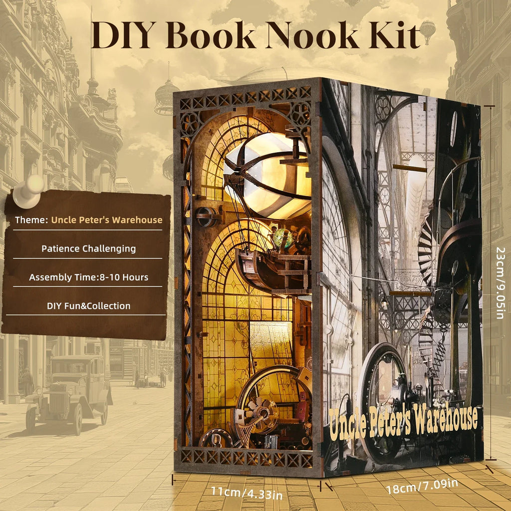 Wooden DIY book nook model kit assembling a lit Victorian warehouse scene for teen and adult builders