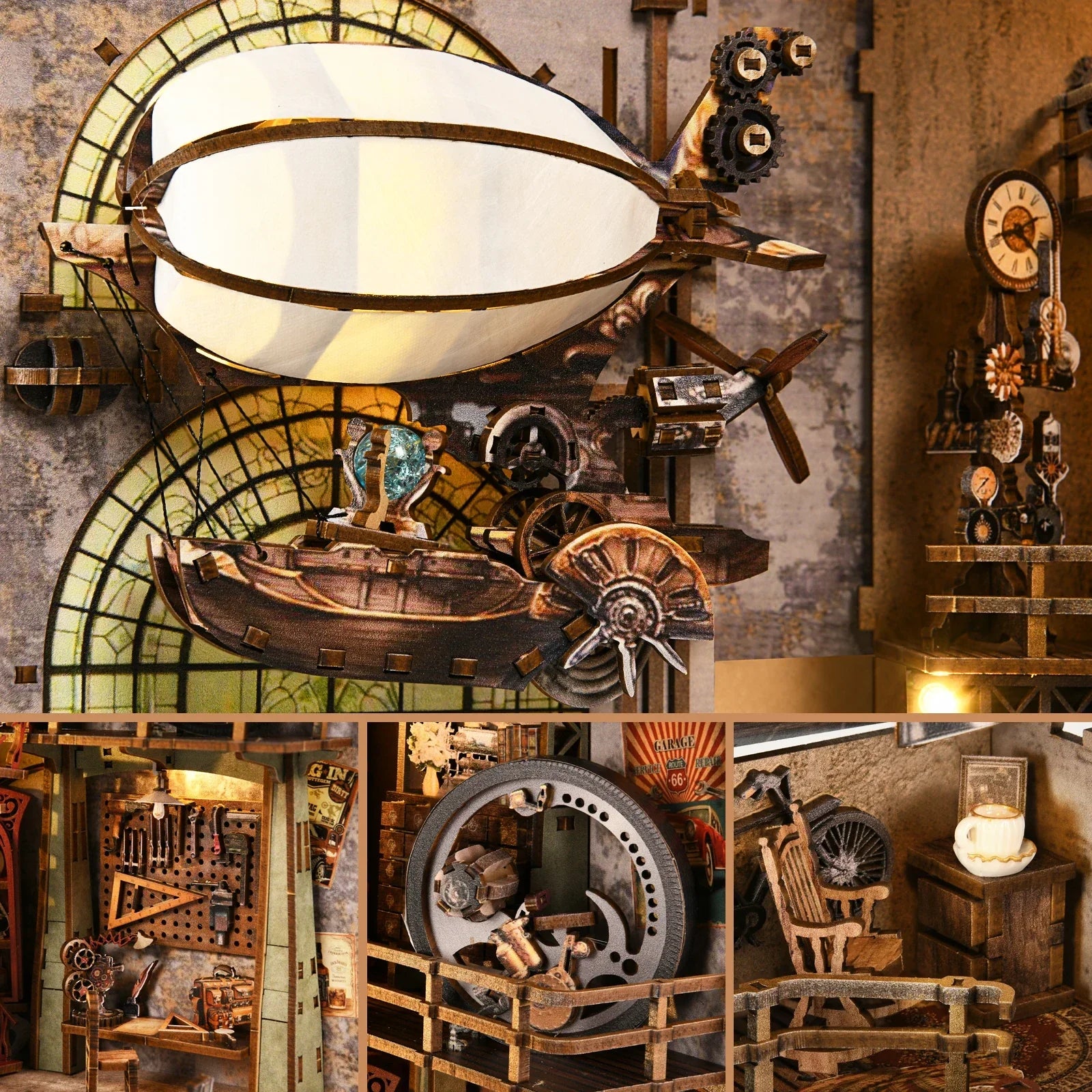 Miniature steampunk airship warehouse scene with LED light glowing as a bookshelf insert and desk display