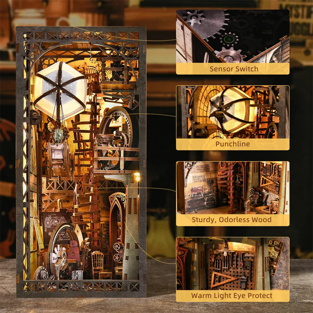 Precision cut wooden book nook kit with warm LED lighting and mechanical detail for steampunk model fans