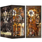 Lit miniature bookshelf diorama slotting between books as steampunk desk decor and a gift for readers