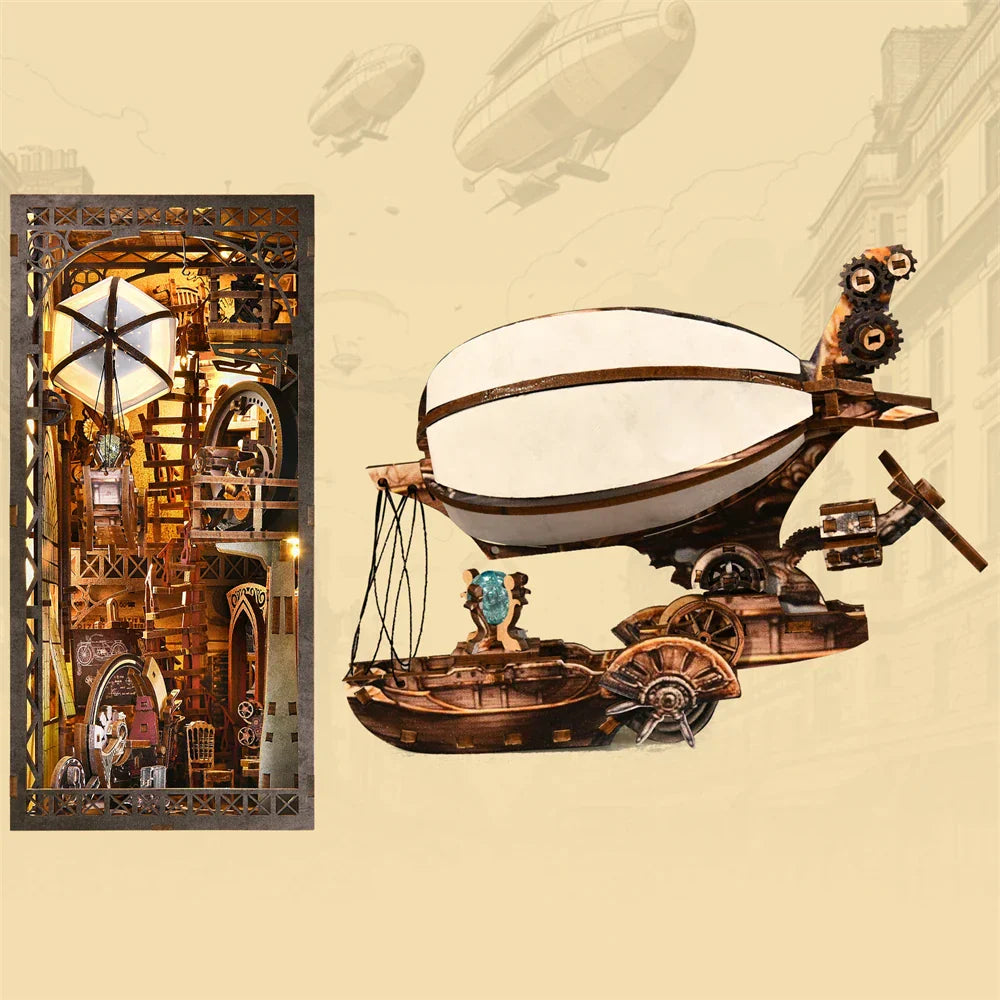 DIY steampunk warehouse book nook craft project with LED lit airship workshop for miniature hobbyists