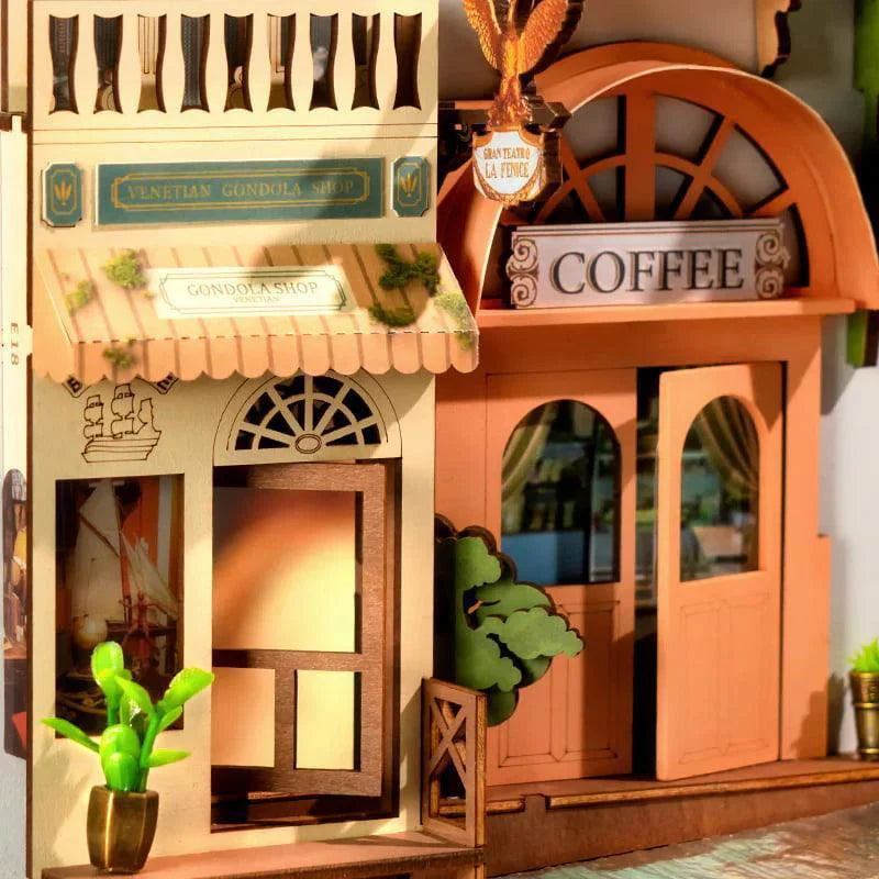 Venice canal book nook with warm LED lighting and historic facades, a miniature shelf insert for book lovers