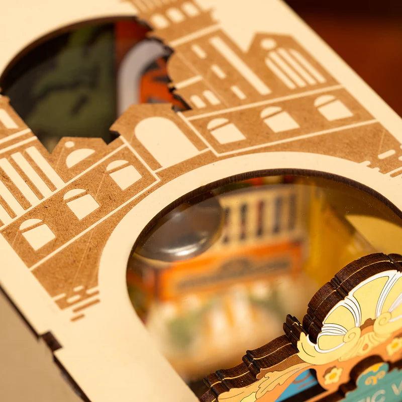 DIY book nook kit recreating the Grand Canal with gondolas, an LED lit miniature display for book lovers