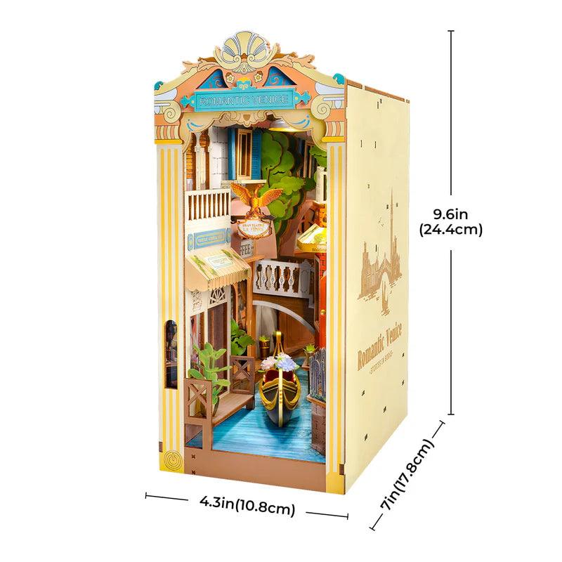 Venice book nook with gondolas, bridges, and warm LED lighting, a detailed bookshelf diorama for travel fans