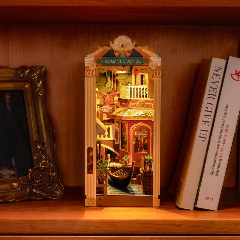 Clear front Venice canal book nook with LED lights, a dust protected miniature scene for bookshelf display