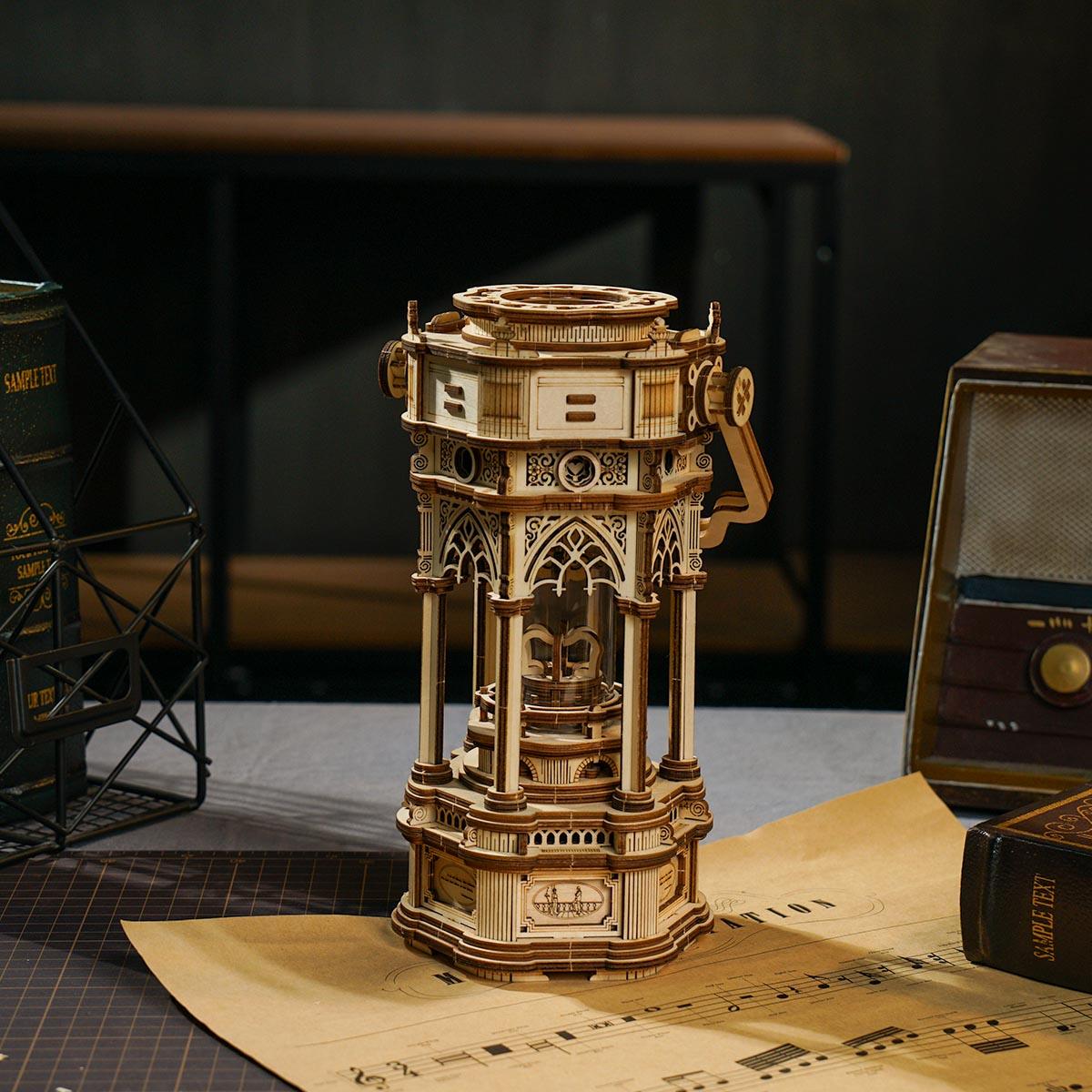 Victorian lantern music box with warm LED light, a glowing wooden model kit for vintage home decor and gifts