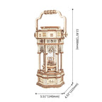 Wooden lantern music box that stands as illuminated desk decor, a wind-up mechanical model kit for adult crafters