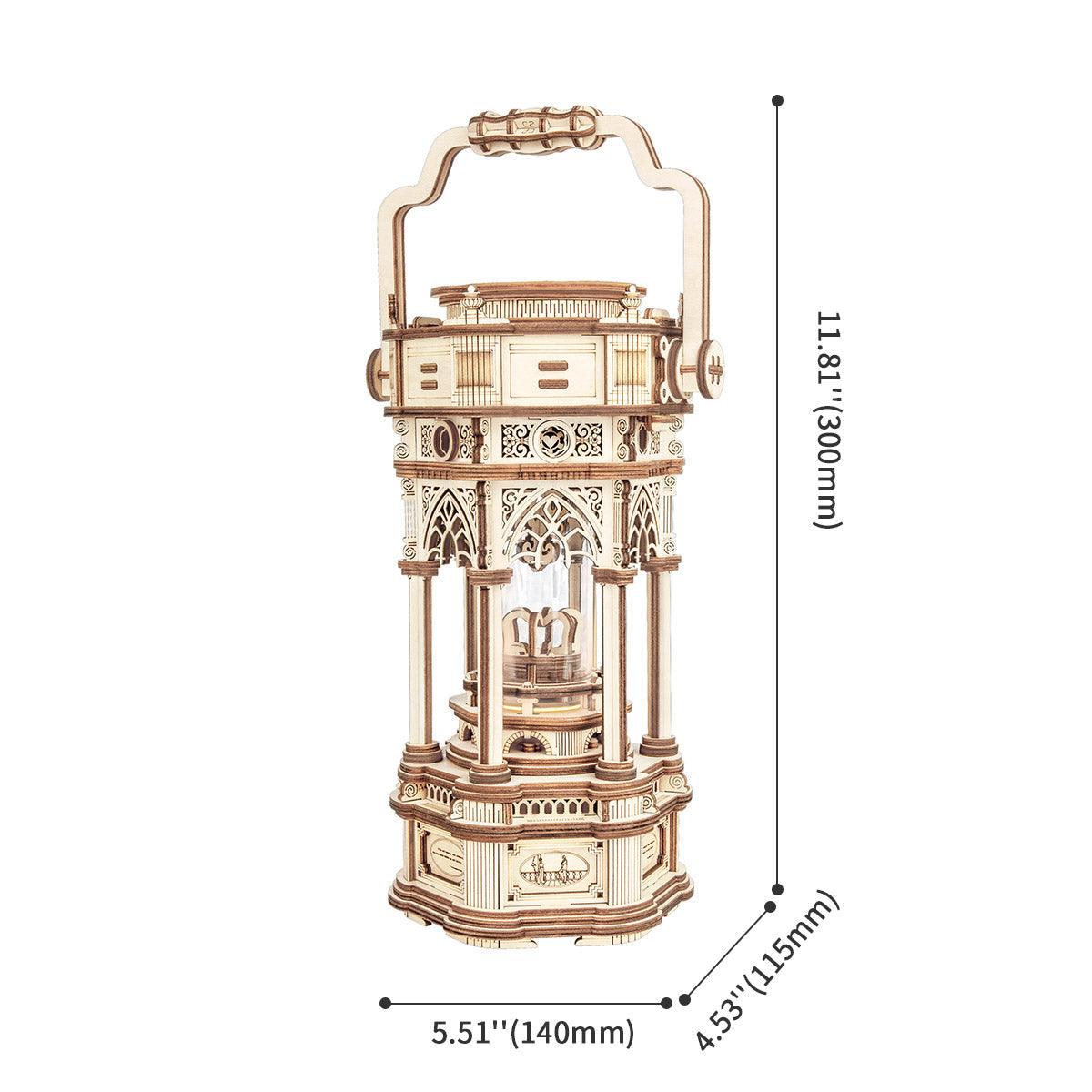 Wooden lantern music box that stands as illuminated desk decor, a wind-up mechanical model kit for adult crafters
