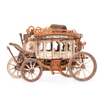 Victorian Stagecoach wooden music box kit built as a horse drawn carriage that plays Greensleeves, vintage desk decor for adults