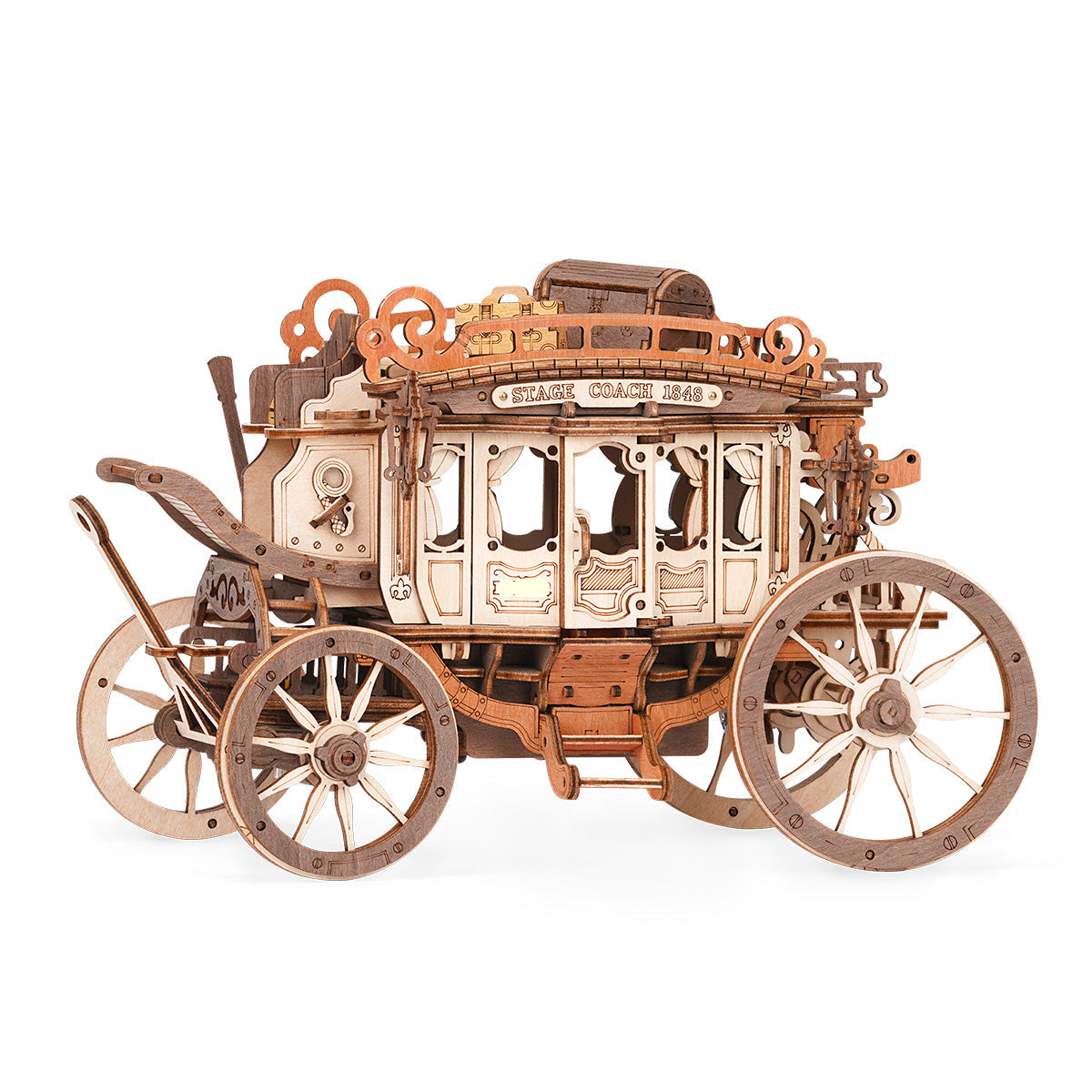 Victorian Stagecoach wooden music box kit built as a horse drawn carriage that plays Greensleeves, vintage desk decor for adults