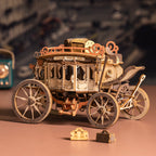 Wind up mechanical carriage model with a spring wound movement and no batteries, laser cut wooden music box kit for hobbyists
