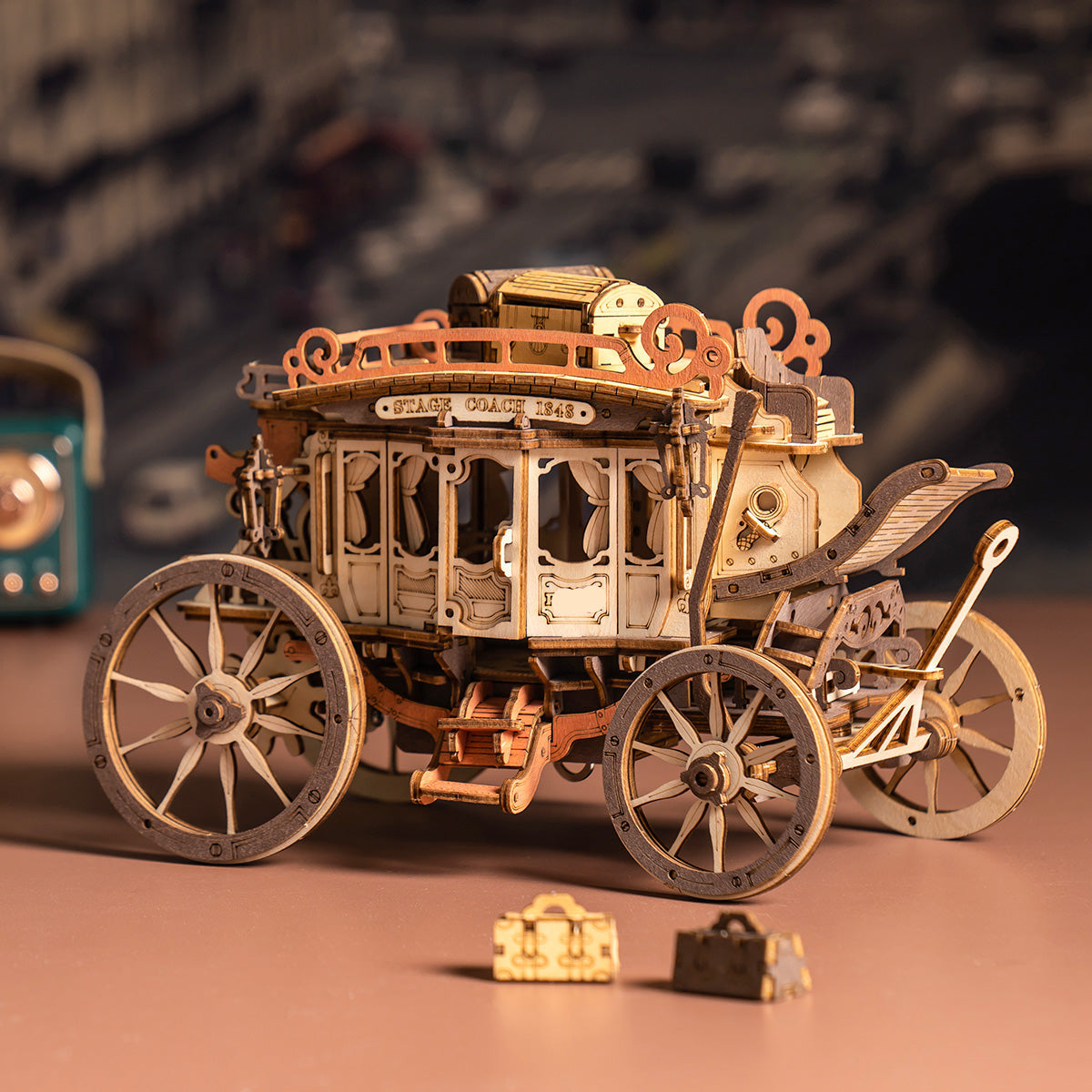 Wind up mechanical carriage model with a spring wound movement and no batteries, laser cut wooden music box kit for hobbyists
