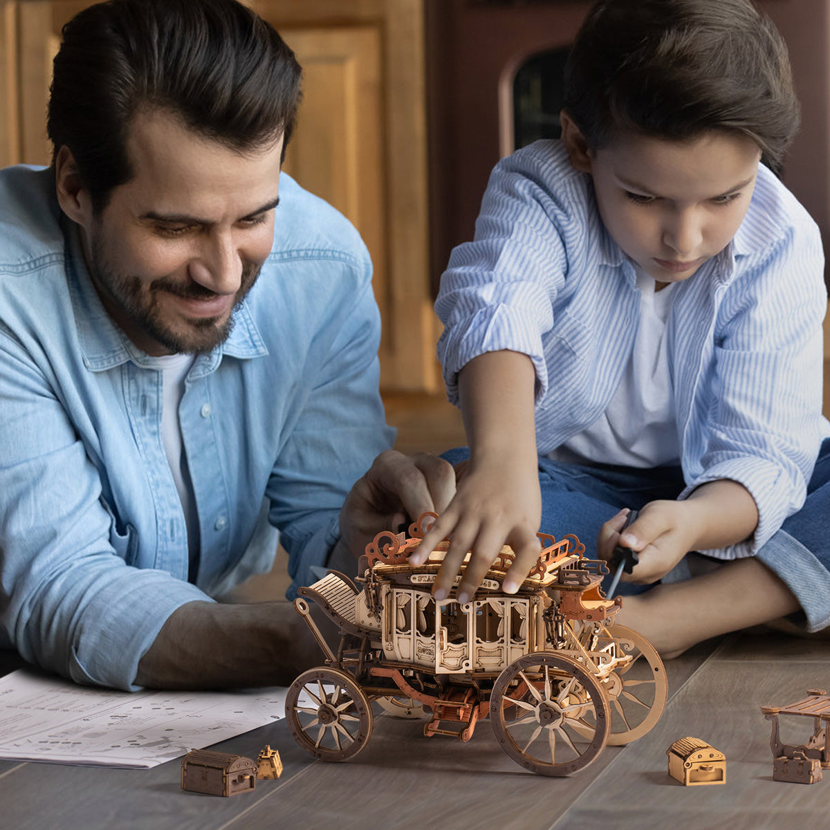 Victorian carriage music box with turning front wheels and opening double doors, glue free mortise and tenon model for collectors