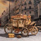 Laser cut wooden stagecoach kit with a moving squirrel passenger, spring driven mechanical music box gift for model builders