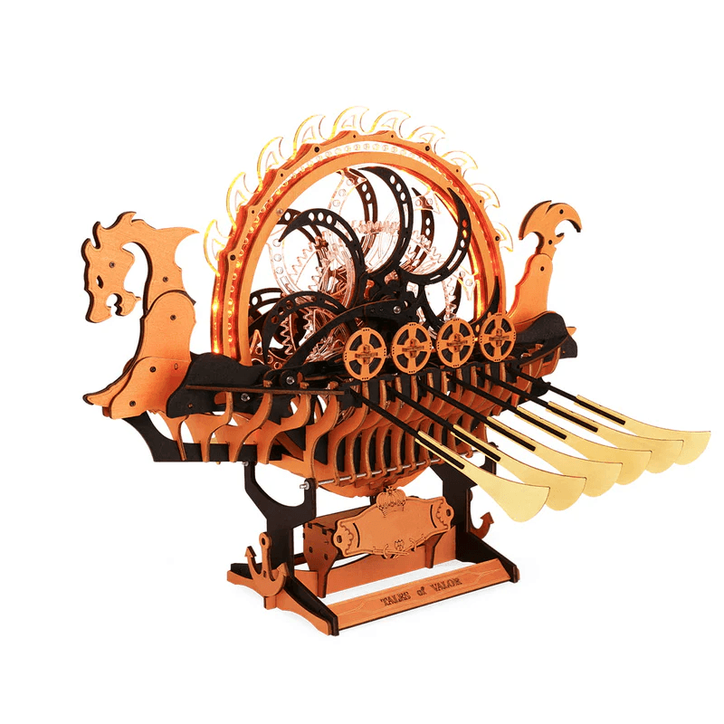 Viking dragon longship 3D wooden puzzle with hand-crank moving oars and a dragon figurehead, mechanical Norse ship model kit
