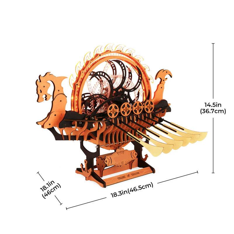 Assembled Norse longship wooden model about 46 cm long, a mechanical rowing ship kit sized for desk and shelf display