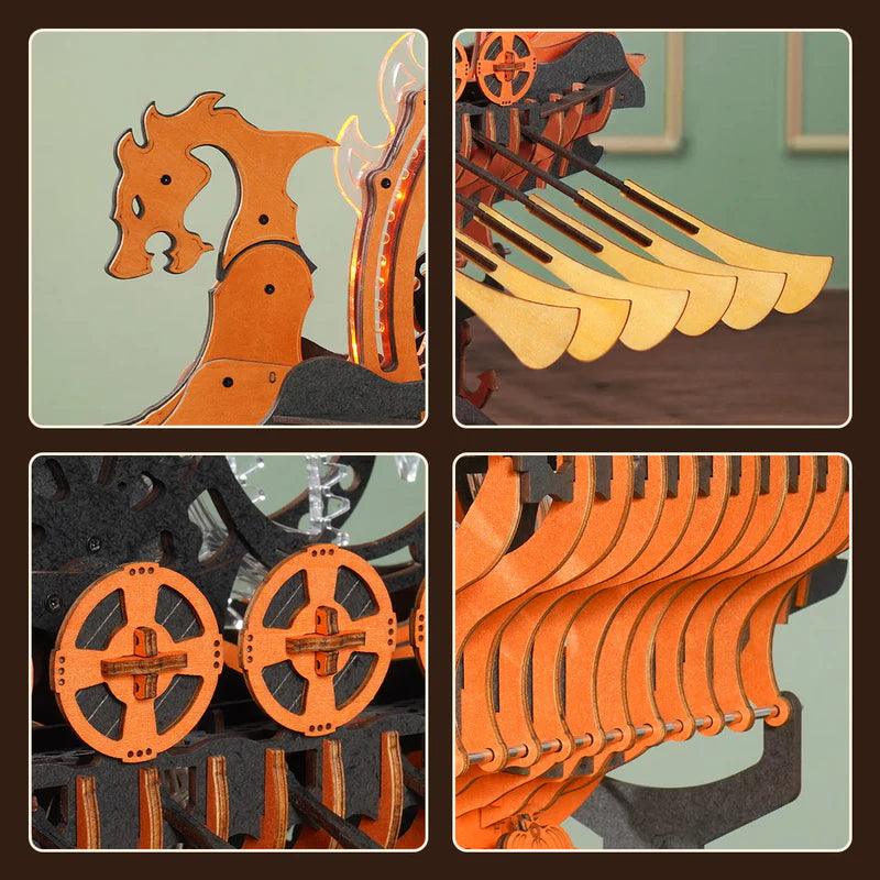 Flywheel gears, carved dragon figurehead and fanned rowing oars on this mechanical Norse longship wooden model kit