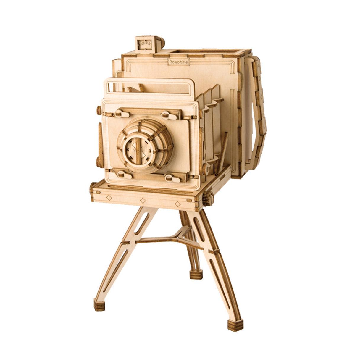 Vintage camera 3D wooden puzzle built into a retro tabletop camera model, a no glue laser cut kit for shelf and desk decor