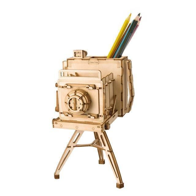 Vintage camera puzzle that doubles as a wooden pencil holder and desk organizer, a fun DIY gift for kids, teens, and adults