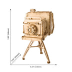 Compact retro camera 3D puzzle standing about 180 mm tall, a small 140 piece wooden model kit for bookshelf and office decor