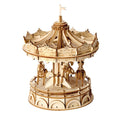 Vintage carousel 3D wooden puzzle building a rotating merry-go-round with horses and a decorative canopy for shelf display
