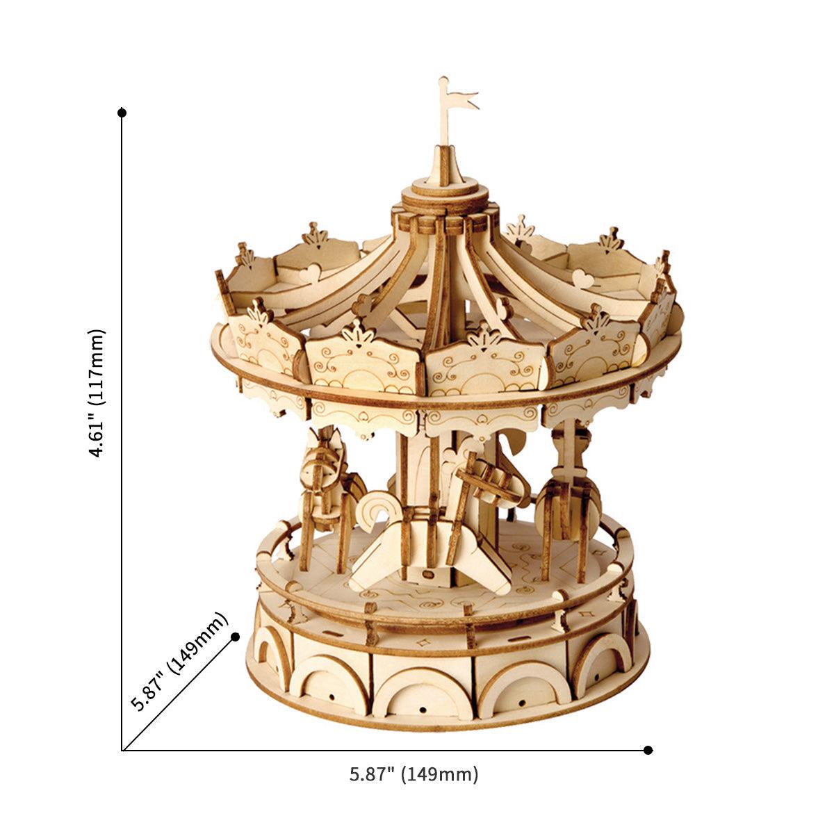 Compact wooden merry-go-round model about 15 cm wide, a natural wood carousel for nursery shelf and desk decor display