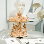 Assembled carousel puzzle as a nostalgic fairground display and keepsake gift, a screen-free wooden building project for families