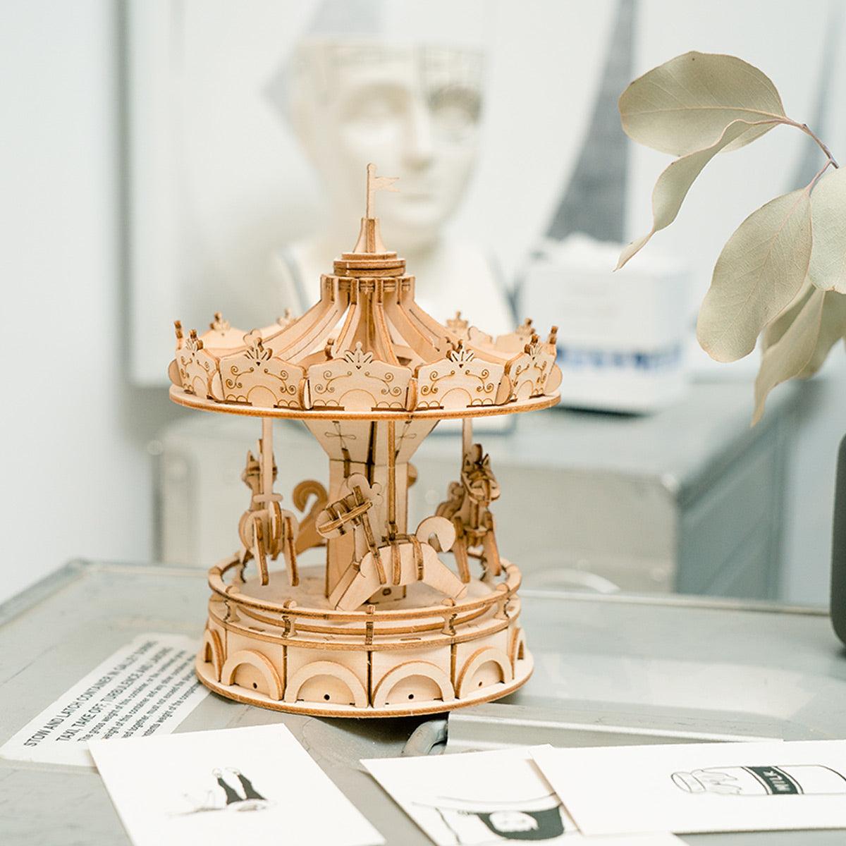 Assembled carousel puzzle as a nostalgic fairground display and keepsake gift, a screen-free wooden building project for families