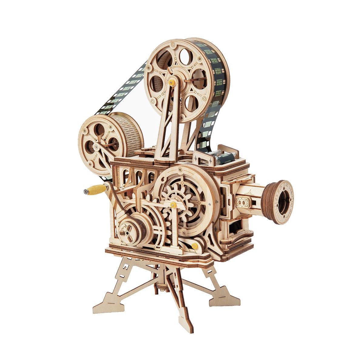 Vintage wooden movie projector kit that hand cranks to play a classic silent film, a mechanical 3D puzzle model for adults