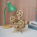 183 piece laser cut wooden puzzle that builds a working hand crank cinema projector, a screen free model kit for teens
