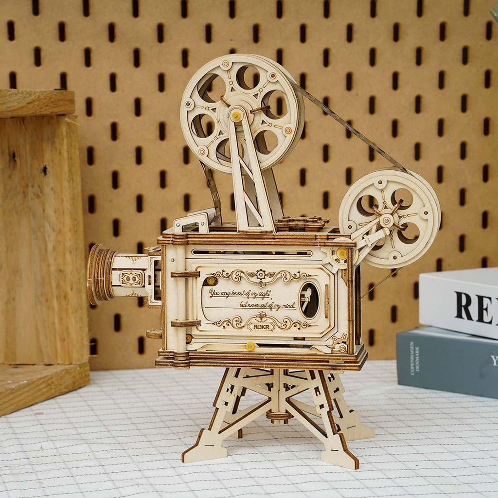 Antique style movie projector display model for a desk, shelf, or home office, a vintage cinema collectible built from wood