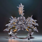 Articulated mechanical scorpion with poseable legs and a spiked tail, a metal model kit centerpiece for a home office desk