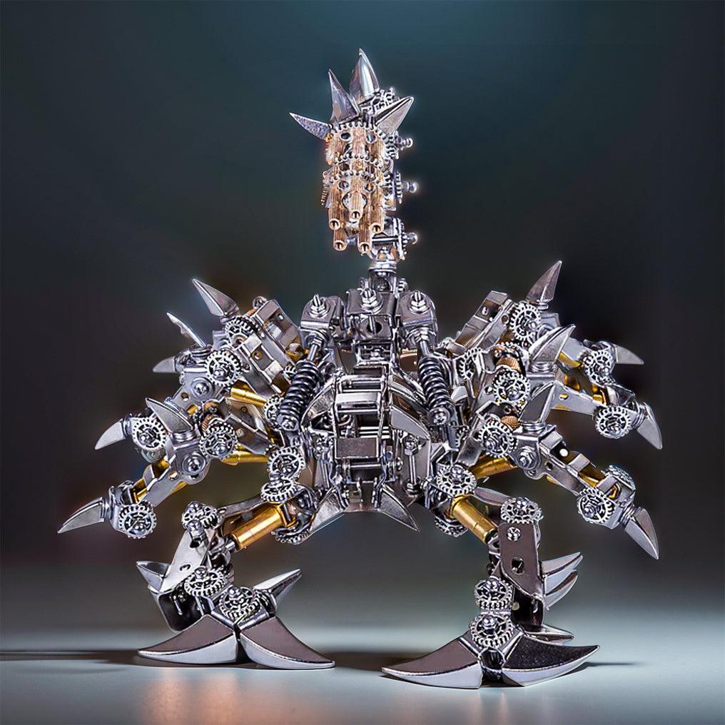Articulated mechanical scorpion with poseable legs and a spiked tail, a metal model kit centerpiece for a home office desk