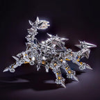 Steampunk metal scorpion sculpture with industrial gears and rivets, a collectible mechanical model for a shelf display