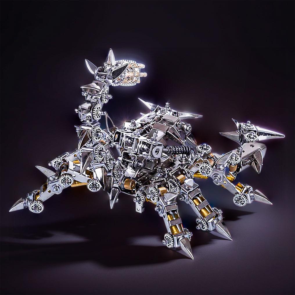 Steampunk metal scorpion sculpture with industrial gears and rivets, a collectible mechanical model for a shelf display