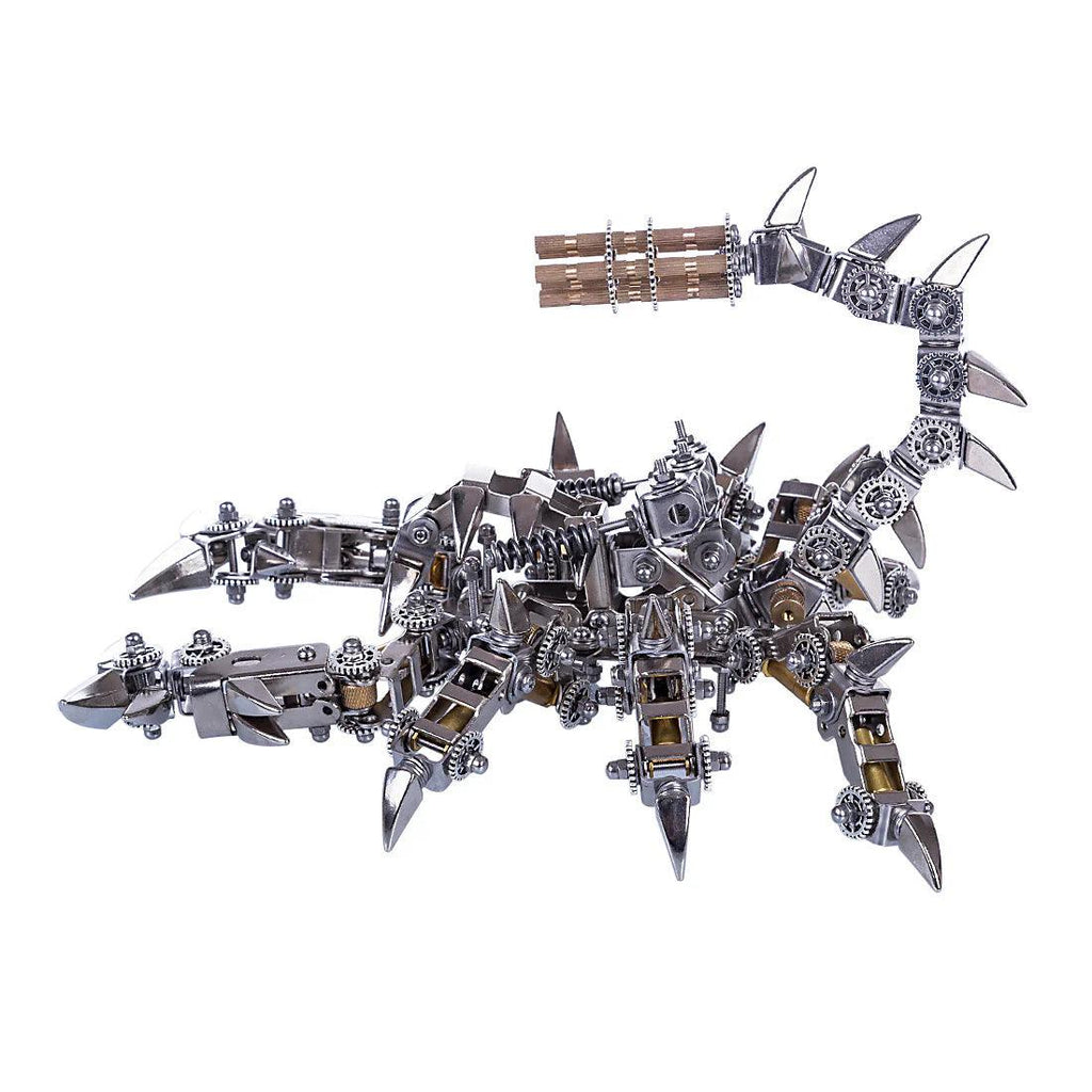 Assembled stainless steel scorpion model with iron and copper detailing and movable joints for a mechanical desk display
