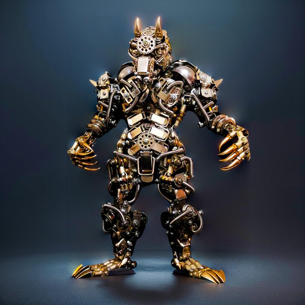 Detailed metal wolfman monster figure assembled from 2000+ precision-cut stainless steel, alloy, and copper parts