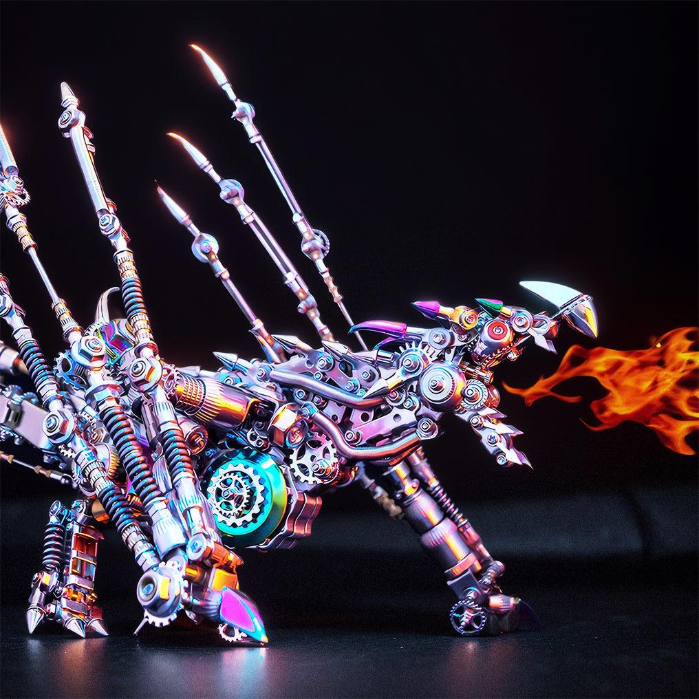LED illuminated 3D metal dragon puzzle kit assembling 1390 stainless steel pieces into a glowing Western dragon display