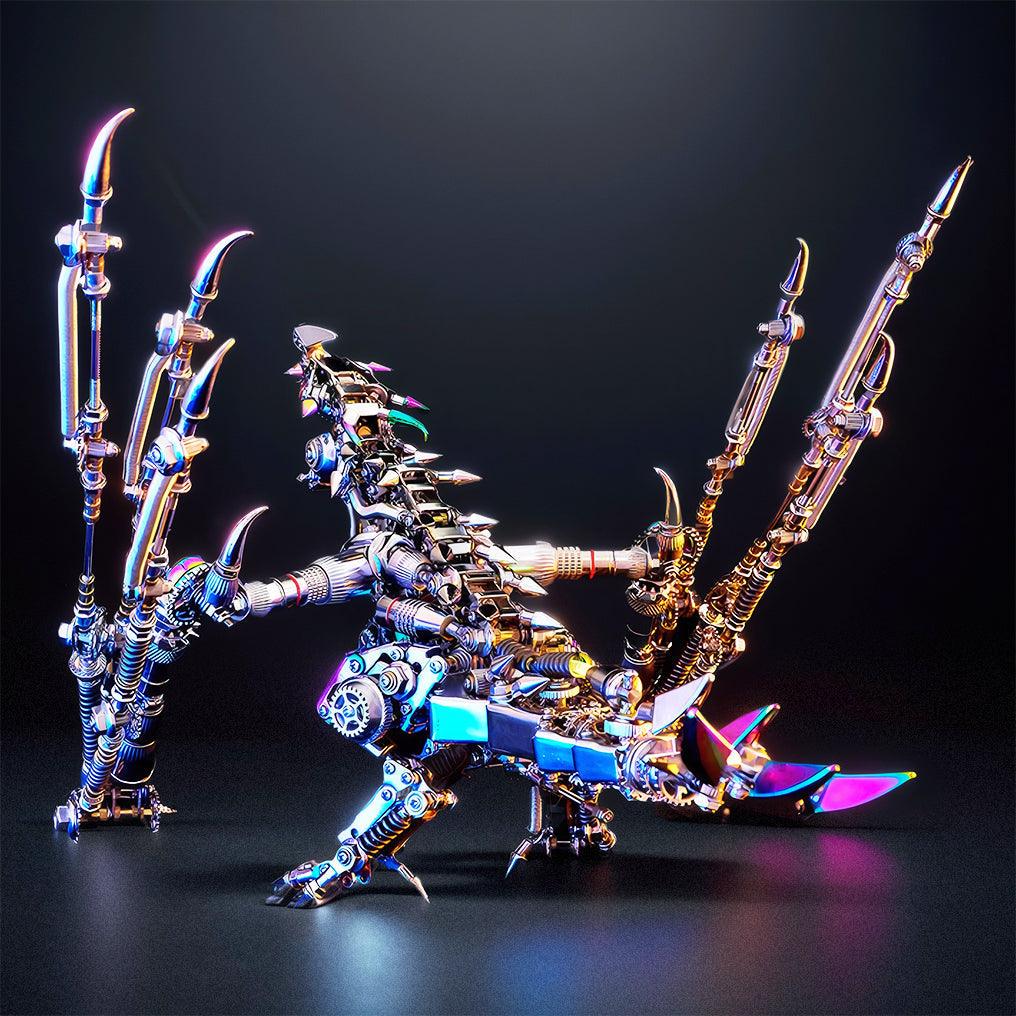 Multi color LED metal dragon sculpture lighting the spine horns and tail for a glowing desk display piece