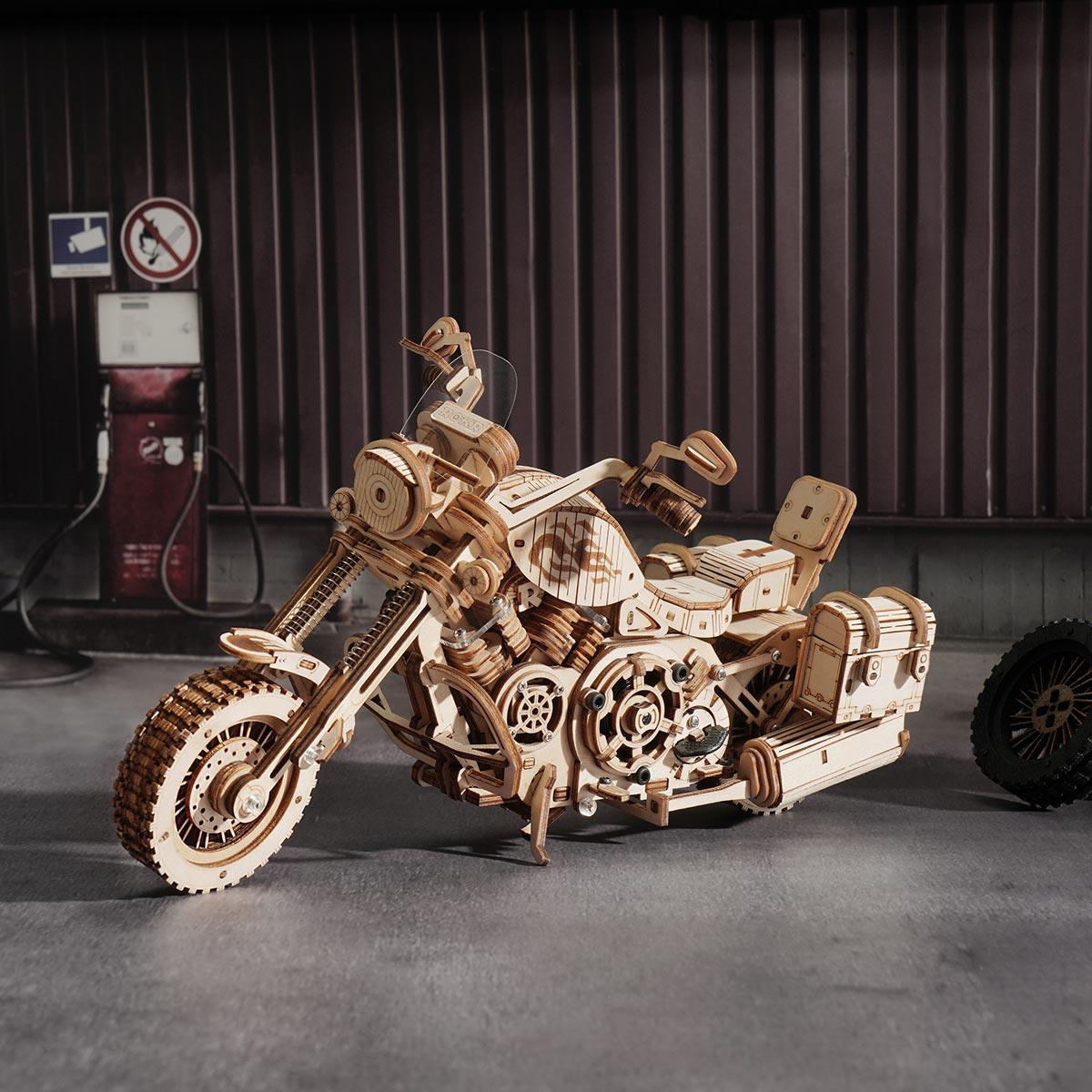 Assembled wooden cruiser motorcycle model on display, a 420 piece 3D wooden puzzle for adult builders and desk decor
