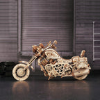 Detailed wooden motorcycle puzzle built with no glue, an interlocking laser cut cruiser model for teens and hobbyists