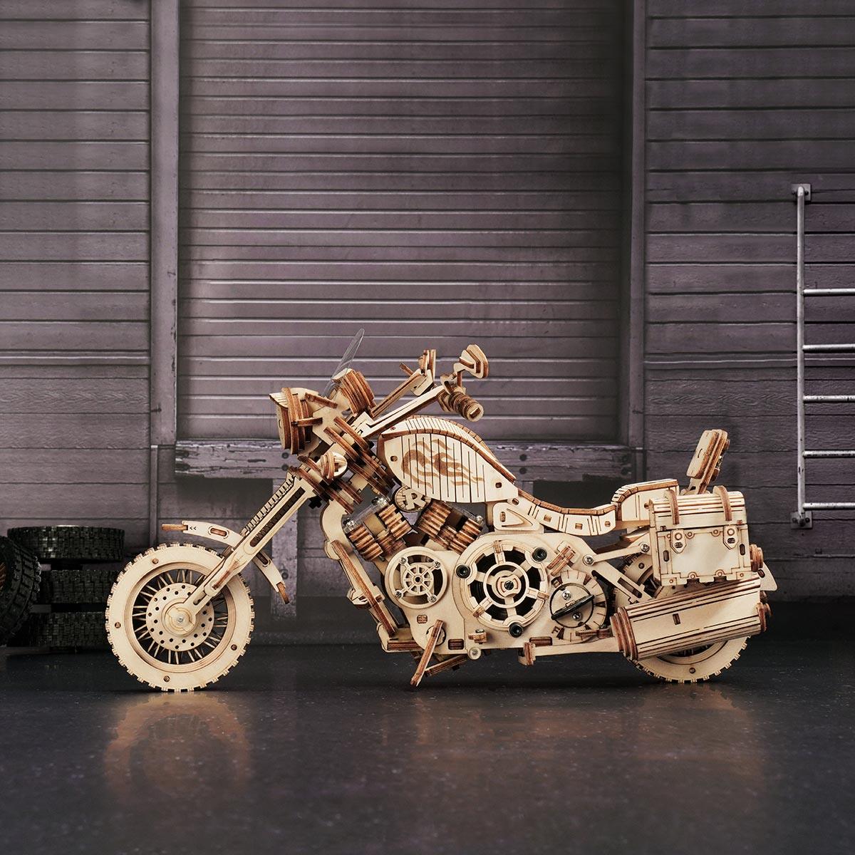 Detailed wooden motorcycle puzzle built with no glue, an interlocking laser cut cruiser model for teens and hobbyists