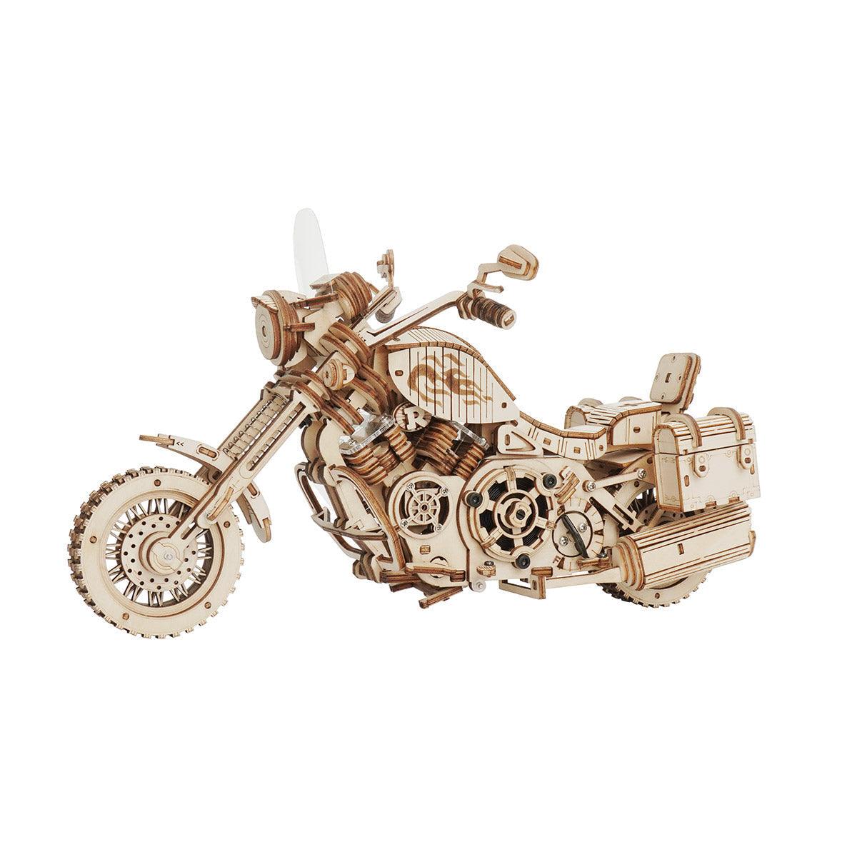 Mechanical wooden cruiser bike model with moving parts, a finished 3D wooden puzzle display piece and gift for bikers