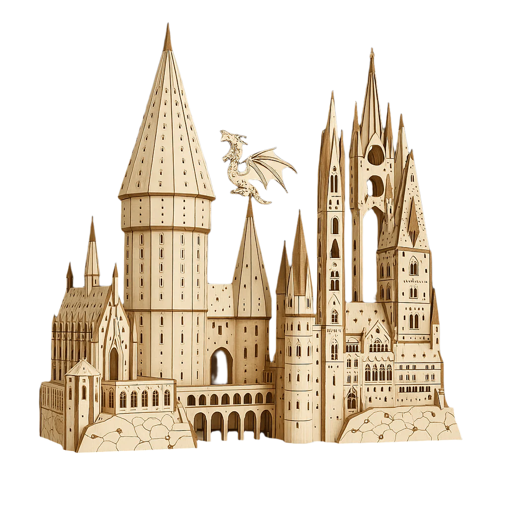 3D wooden magic castle puzzle kit with a moving dragon, a 340 piece build-it-yourself model for fantasy fans